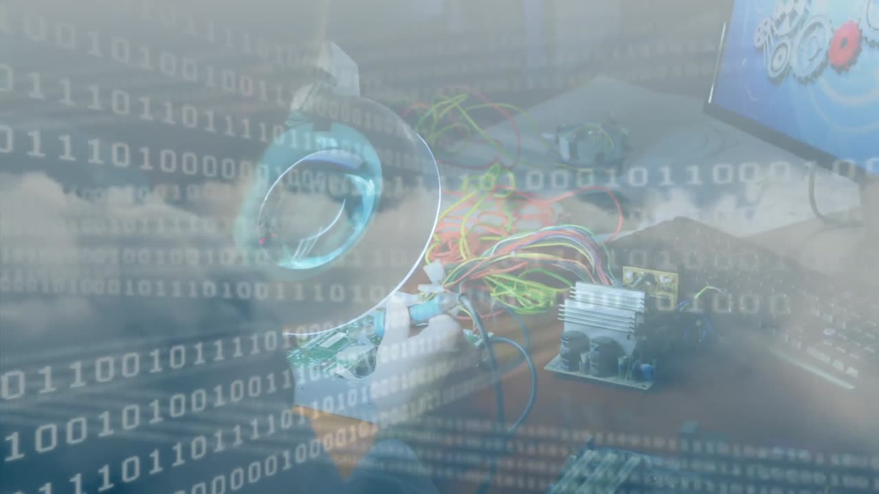 animación del procesamiento de datos sobre el hombre caucásico reparando en el taller