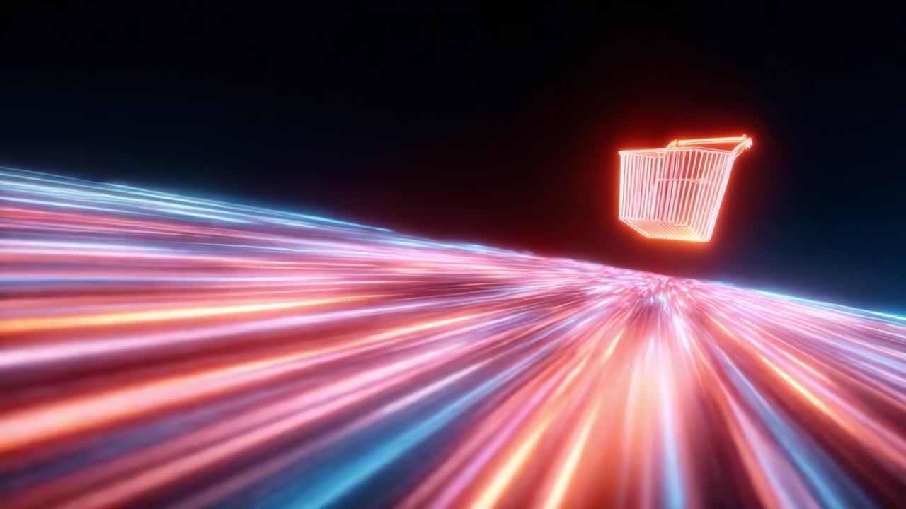 A Futuristic Glimpse of a Shopping Cart Traveling Through a Vibrant Digital Landscape, Representing Online Shopping and E-commerce in a High-Tech Environment