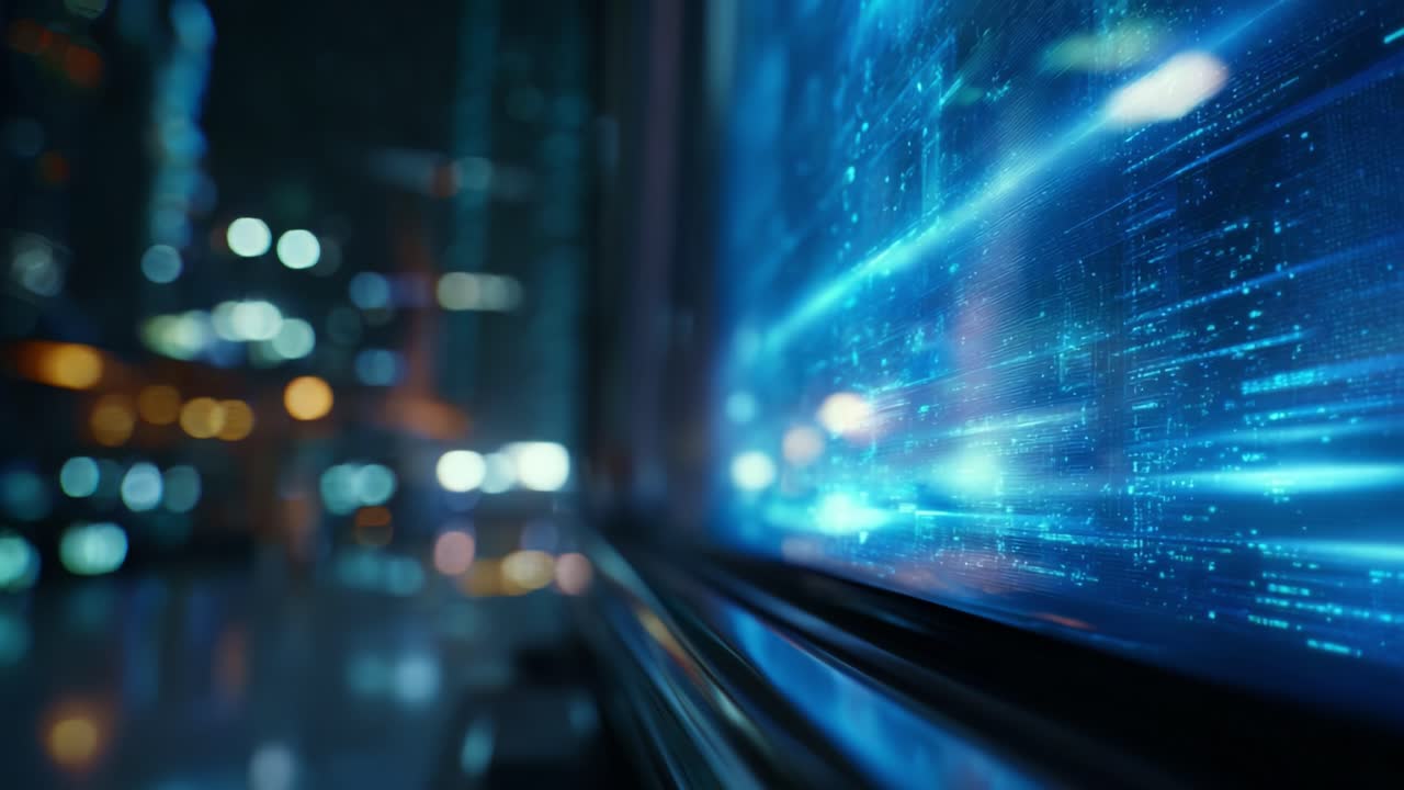Immagini accattivanti di un flusso dinamico di dati digitali su uno schermo con uno sfondo di paesaggio urbano, che mostrano l'intersezione tra tecnologia e vita urbana