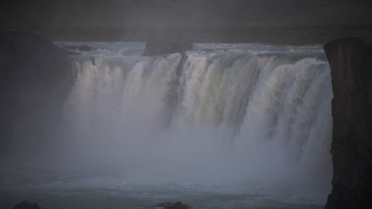 Spectacular Godafoss Horseshoe-shaped Waterfalls In Northern Iceland. Slow Motion Shot