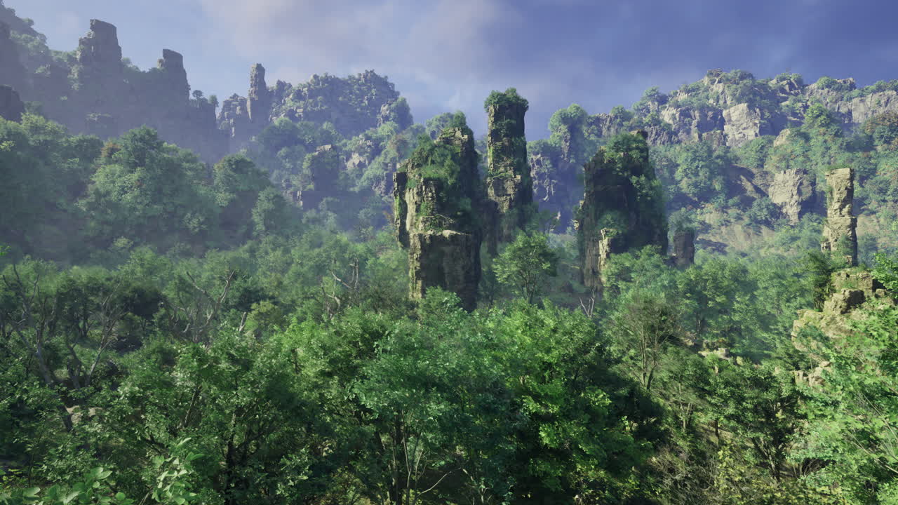 Lush green forest with towering rock formations under a clear blue sky