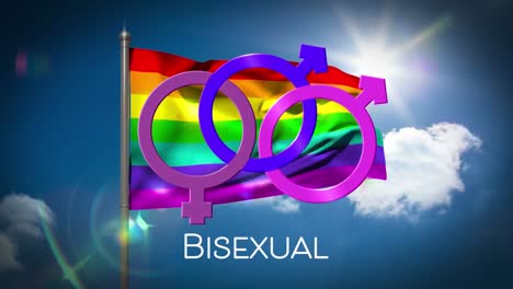Three joined female and male symbols against a rainbow flag