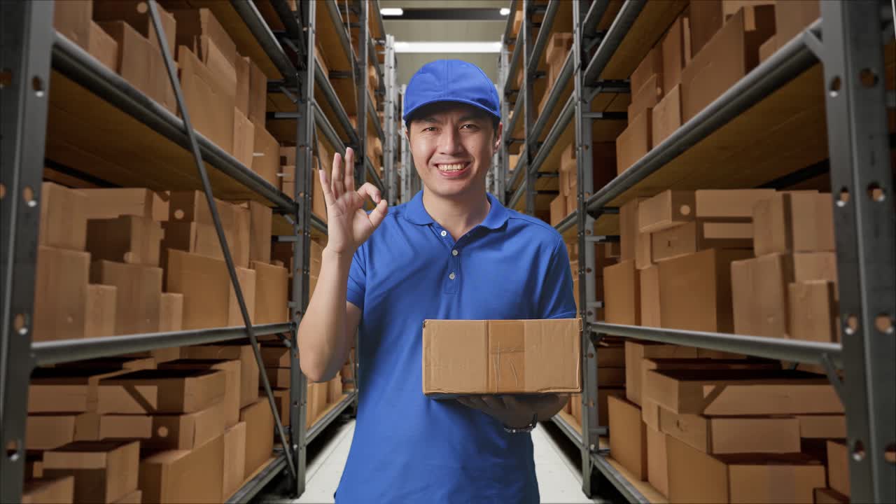 mensajero masculino asiático en uniforme azul mostrando el gesto de "okay" y sonriendo mientras entrega una caja en el almacén