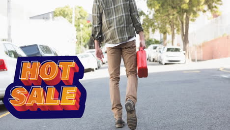 animation of hot sale text in orange over low section of man walking in road holding jerrycan