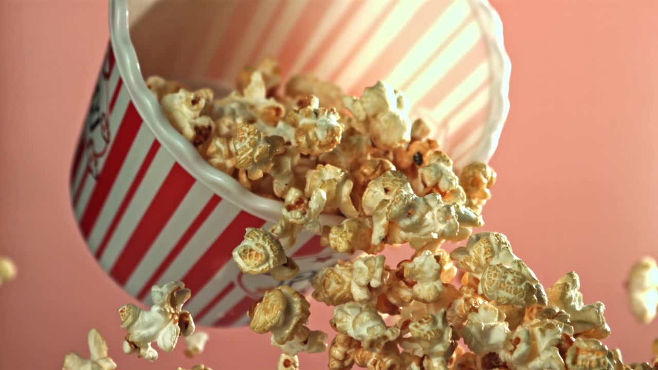 Deliciosas palomitas de maíz derramándose de un cubo clásico a rayas en cámara lenta