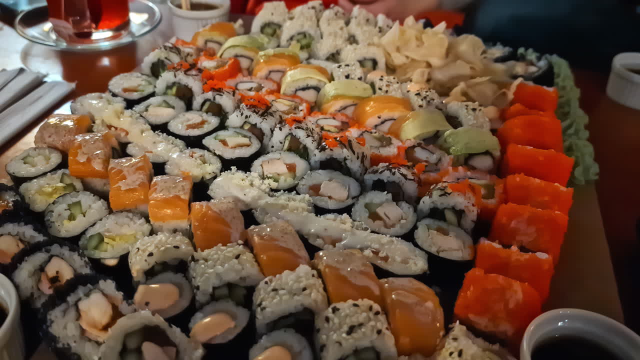 plato con muchos sushi varios en la fecha de la cena, zoom de mano en el tiro