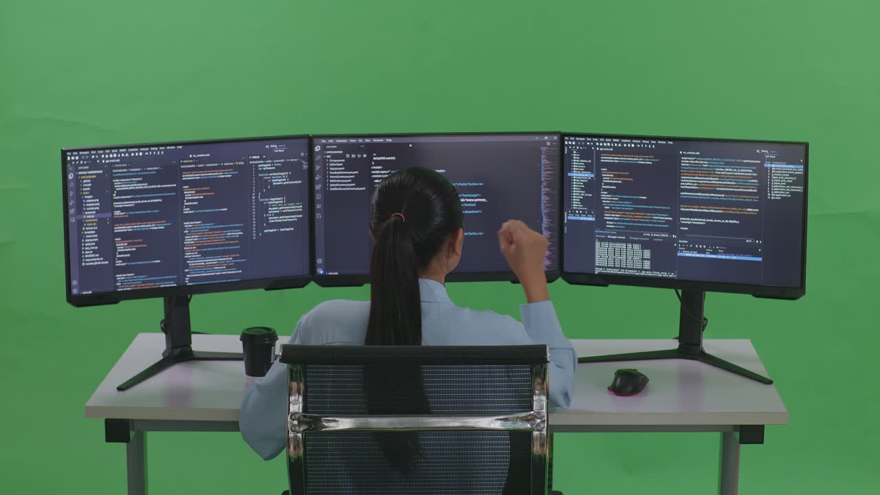 Back View Of Tired Asian Woman Developer Yawning While Write Code With Multiple Computer Screens In Green Screen Studio