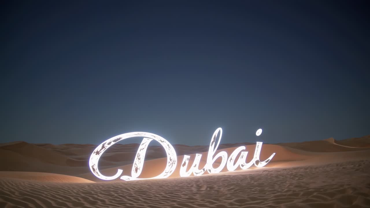 Luminous installation illuminating Dubai name in the desert at night, creating a striking visual contrast between the bright lights and the dark sand dunes