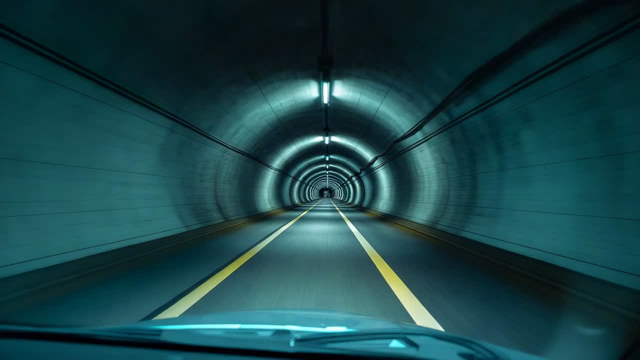 Showing vehicle hood entering concrete tunnel, passing lamps and cables steering along yellow lines