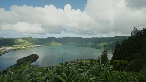 azores: wide panoramic of seven cities lagoon from viewpoint, são miguel