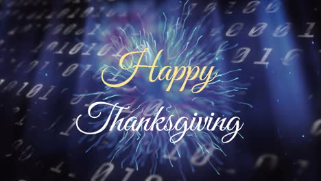 happy thanksgiving text against binary coding data processing on blue background