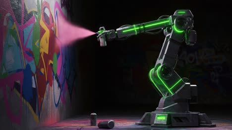 creative robot artist: a robotic arm spraying vibrant colors on a graffiti wall in a daring artistic display of street art innovation and modern technology