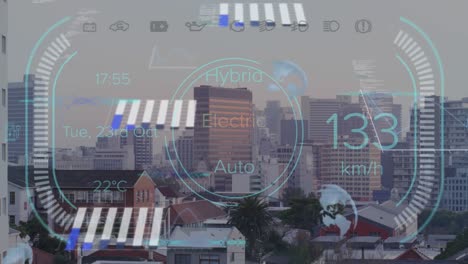 Animation-of-speedometer-interface-and-data-processing-against-aerial-view-of-cityscape