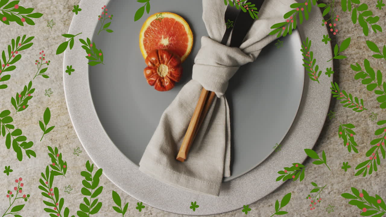 Animação de folhas de outono sobre fundo de mesa posta para o jantar de Ação de Graças