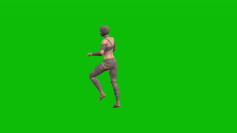 3d female character, woman dressed with mummy bandages dancing shuffle style 3 on green screen, loop 3d animation