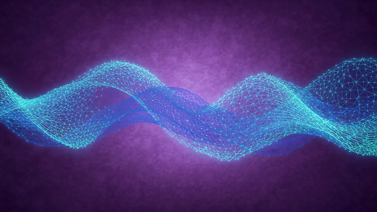 Animation starting 3D wireframe wave mesh oscillating rhythmically against deep purple backdrop
