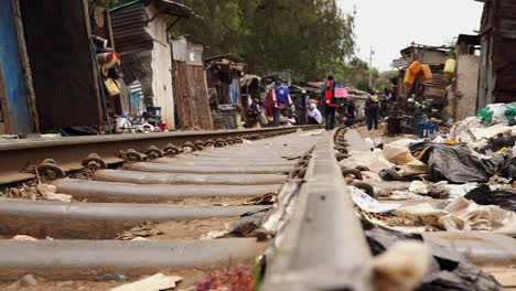 Railway-in-Kibera,-Nairobi,-Low-angle