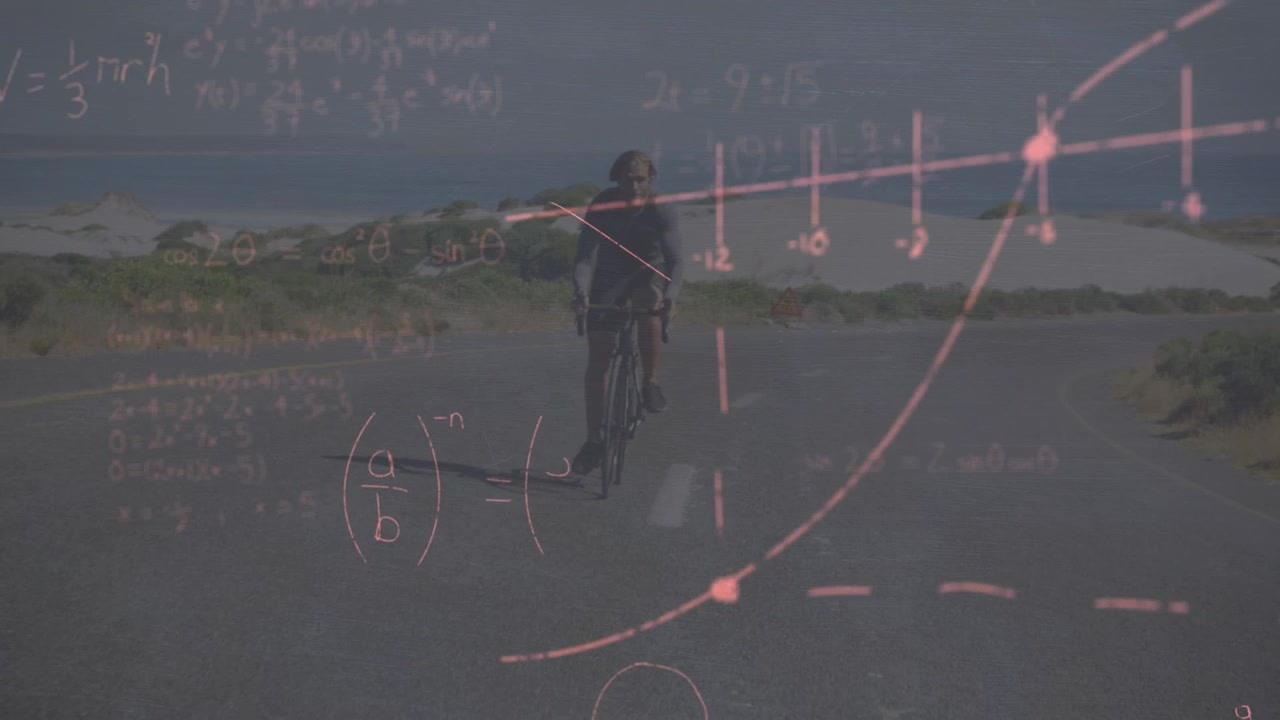 Bisiklet süren beyaz bir adamın üzerinde matematiksel denklemlerin animasyonu.