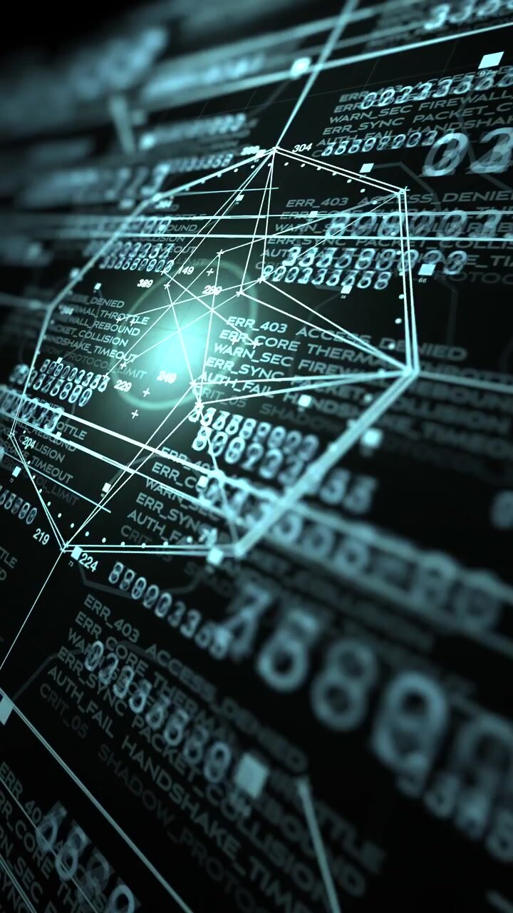Vertical mobile view monitoring deep-level cryptographic logs, server connection pathways, and high-tech defense matrices. Ideal for technical social content, software explainers, and UI b-roll.