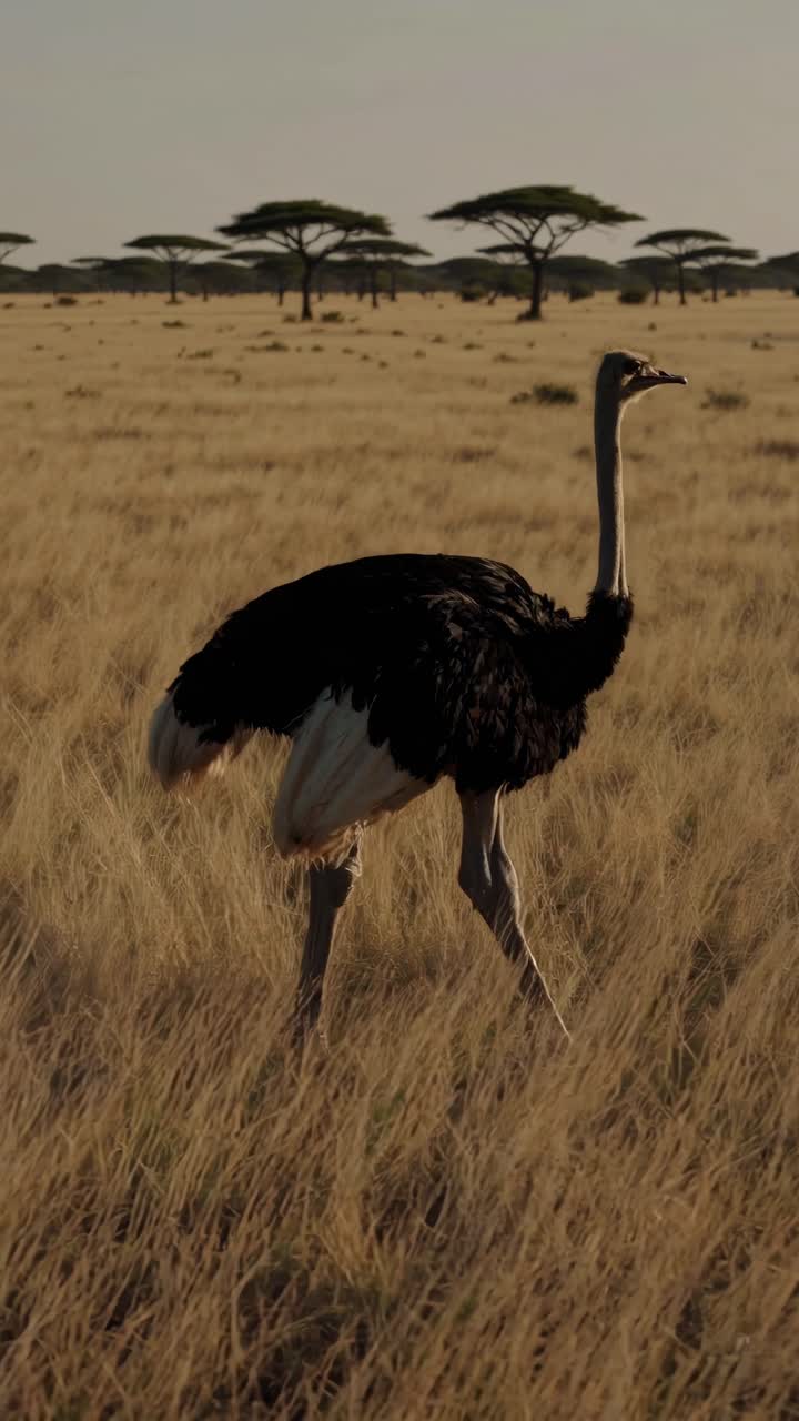 Ripresa video dal basso di uno struzzo in una vasta savana, che ne mette in risalto la maestosità