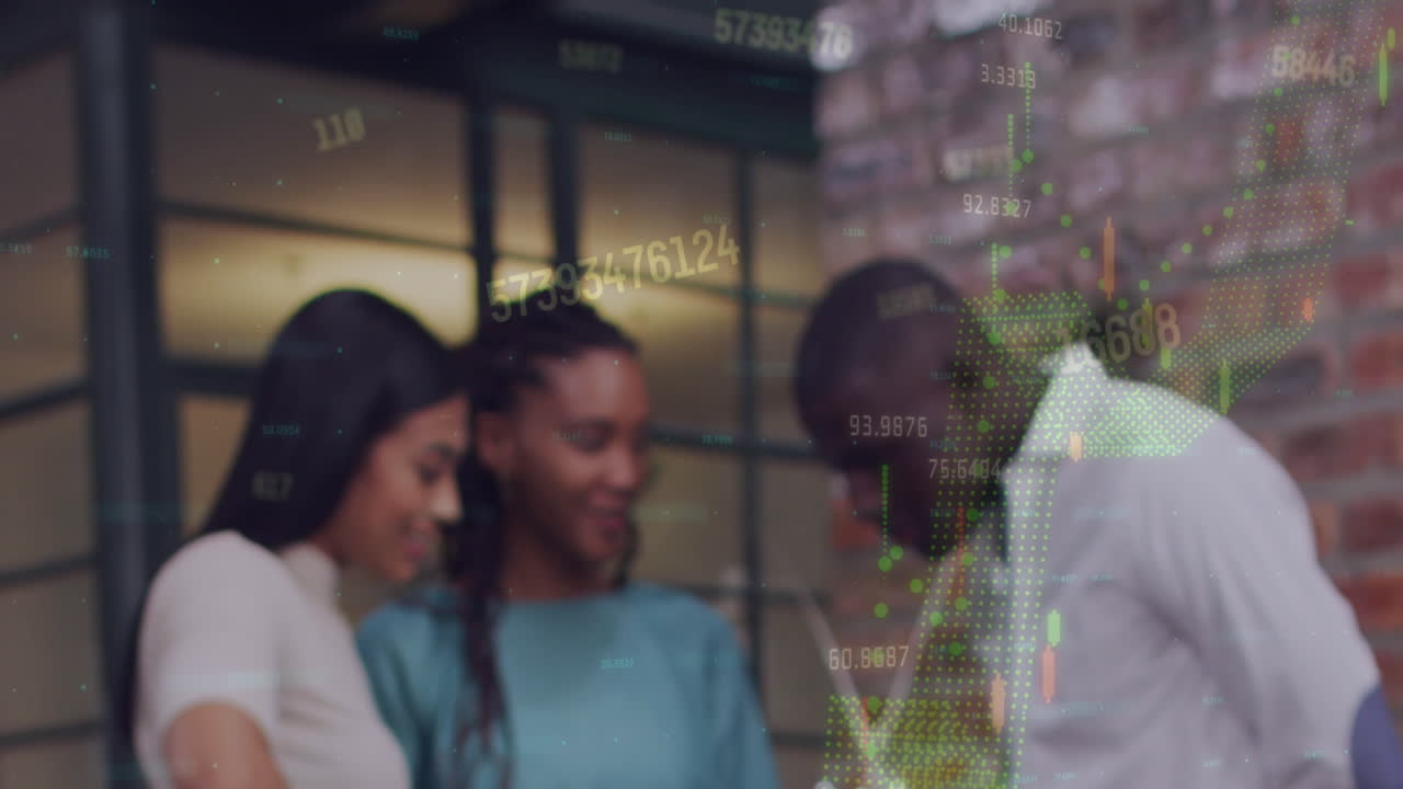 Animation of financial data processing over diverse business people at office