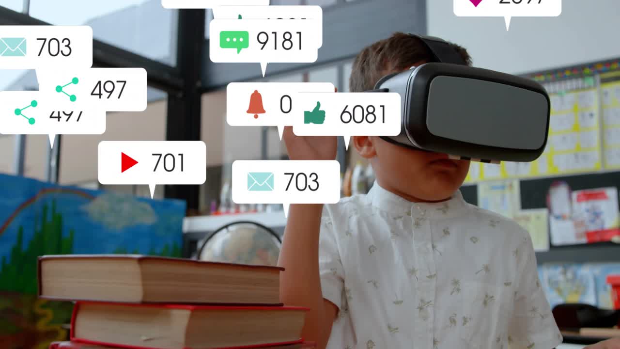 Boy pressing VR headset in art classroom generating social media notifications for exploring alerts