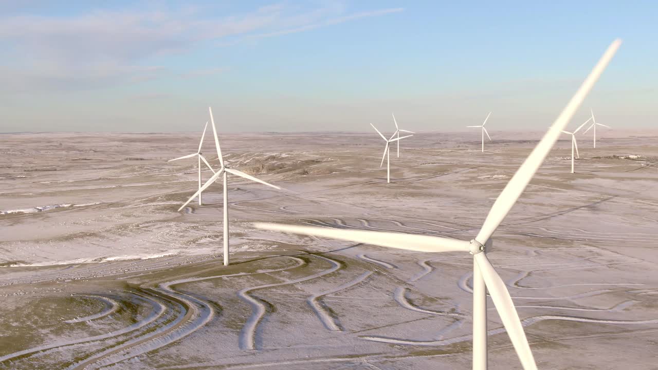 Aerial shots of wind turbines on a cold winter afternoon in Calhan, Colorado