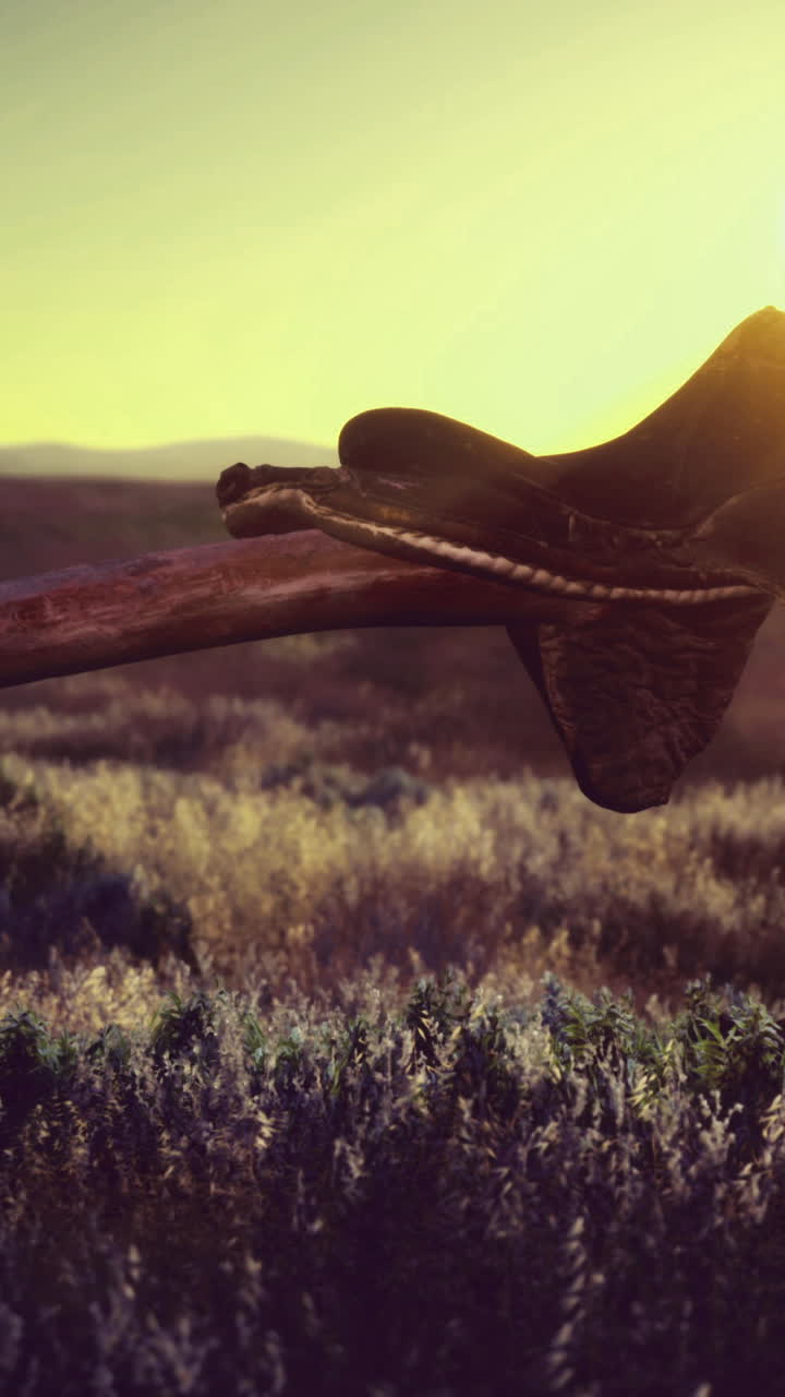 Saddle resting on a wooden fence at sunset in a tranquil landscape