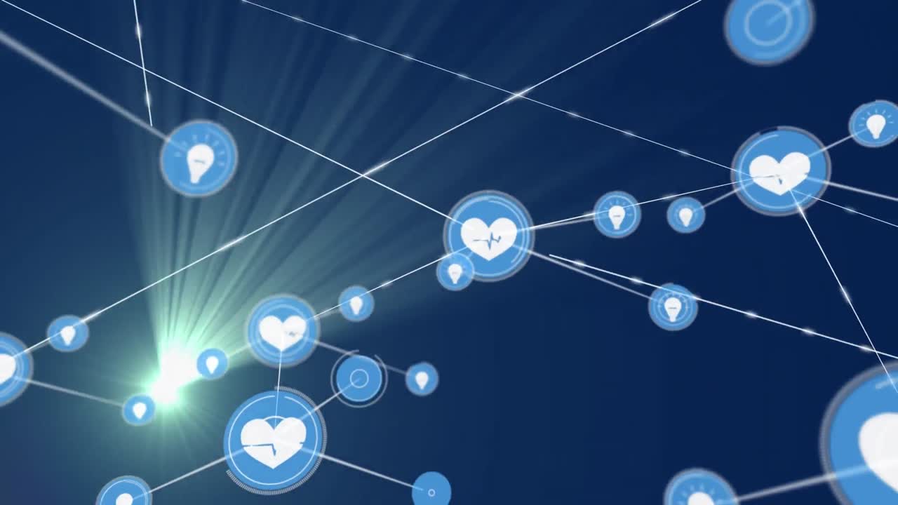 푸른 배경에 움직이는 녹색 빛 위의 디지털 아이콘 네트워크의 애니메이션