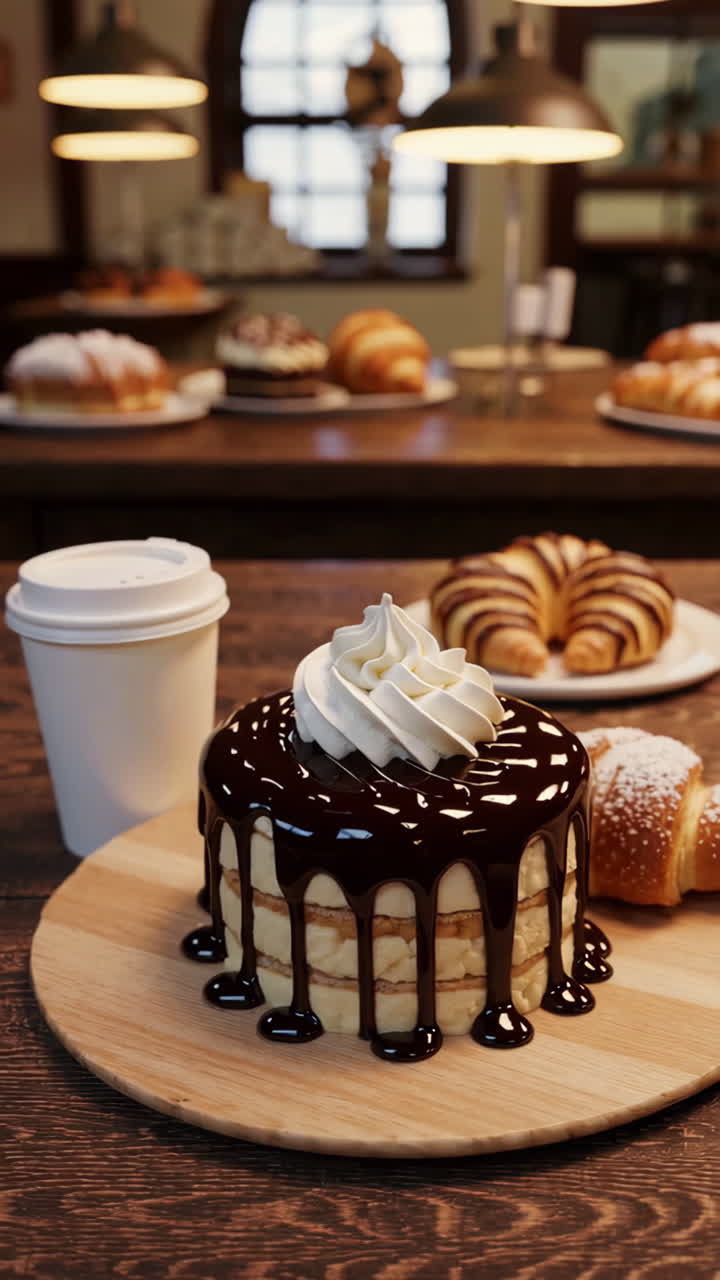 Decadent Chocolate Cake with Coffee and Croissant in a Bakery