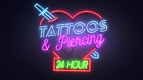 representación 3d realista de un letrero de neón animado vívido, vibrante y dinámico que representa las palabras tatuajes y piercing - 24 horas, con un fondo liso