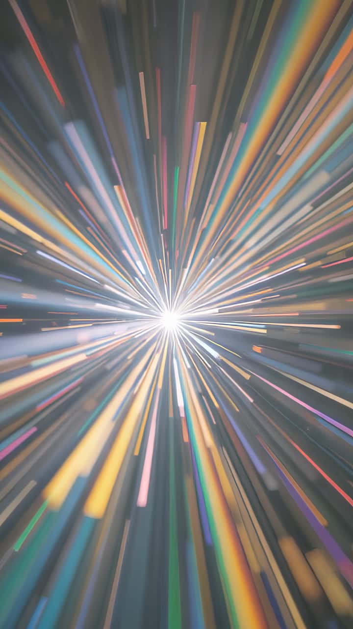 Vertical video: Bursting white core sending multicolor beams through beam tunnel, simulating speed