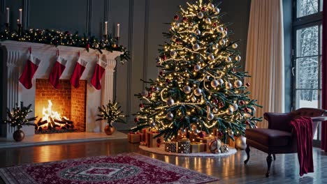 warm fire burning in fireplace near decorated christmas tree with shining lights and presents underneath, creating cozy and festive atmosphere in elegant living room during winter holidays
