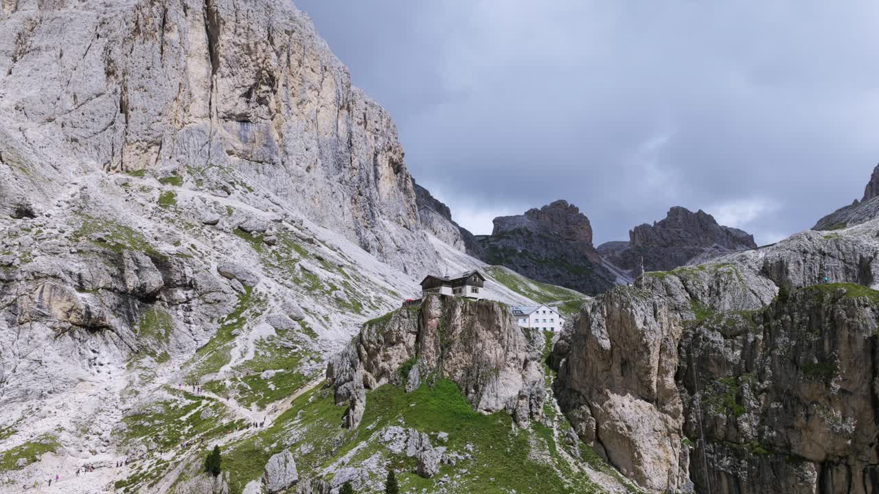 Mountain Hut In Vajolet Towers (Torri Del Vajolet) In The Dolomites, Italy. - aerial shot