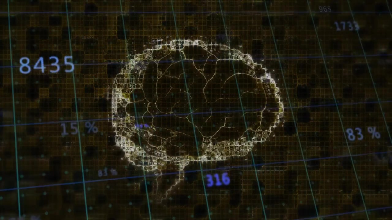 Grid starting wireframe brain rotating clockwise while data labels updating showing metrics