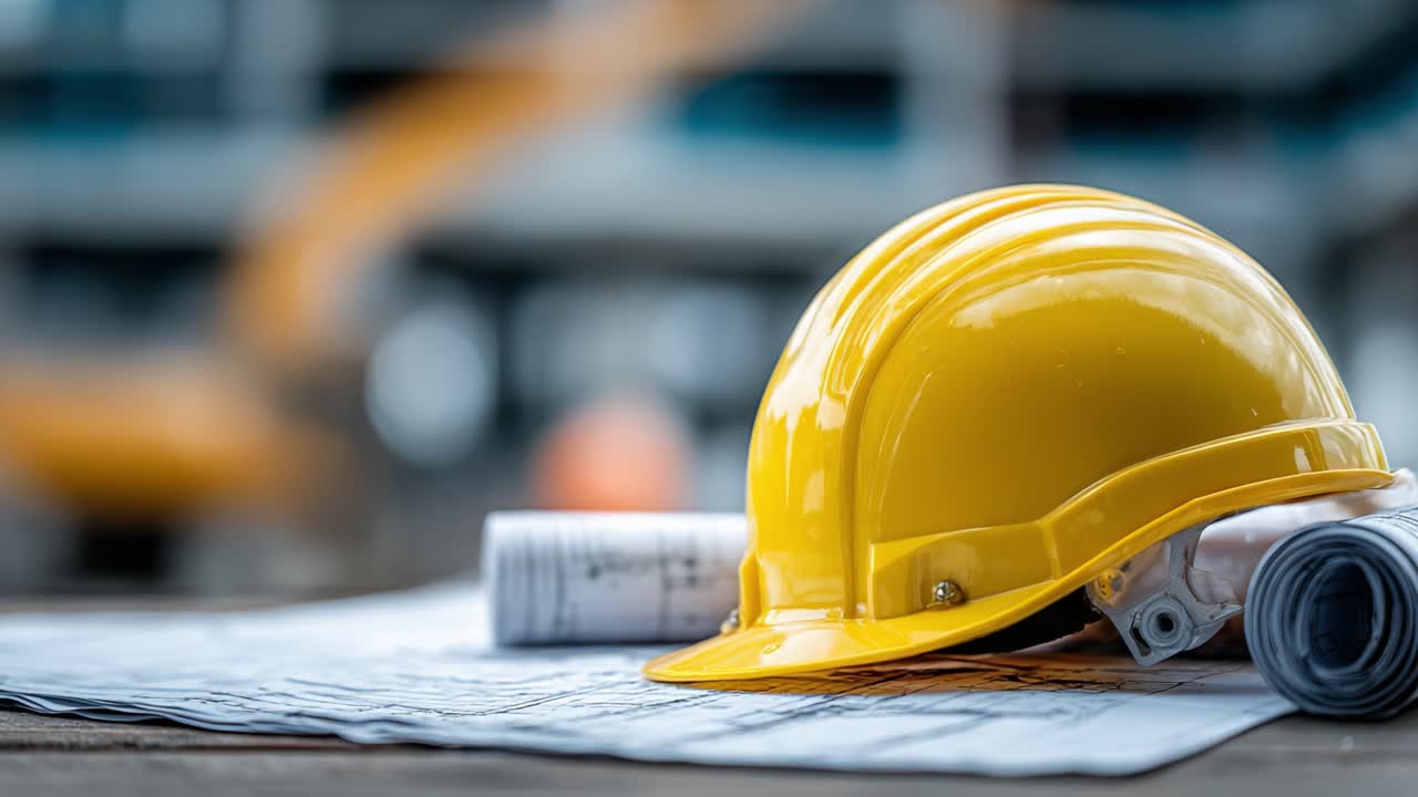 A Close-Up of a Yellow Hard Hat Resting on Construction Plans, Symbolizing Safety and Planning in Construction Projects