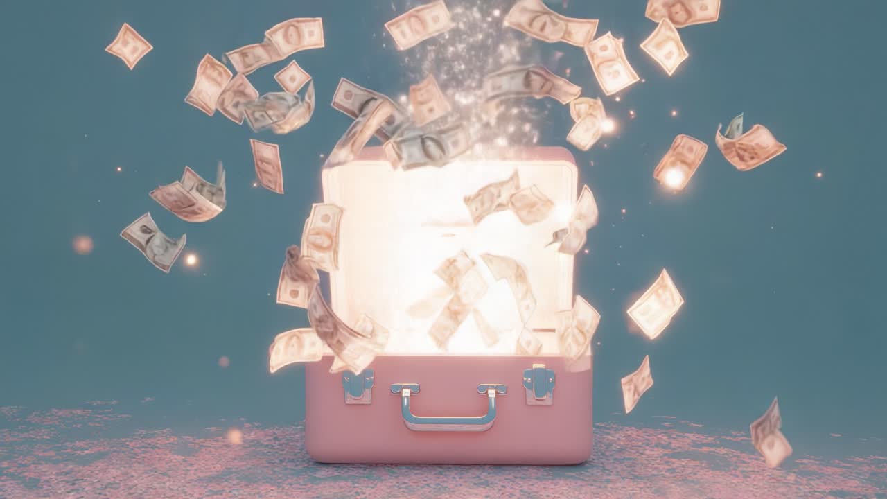 A magical moment captured in time as a pink briefcase bursts open, releasing a dazzling display of floating cash notes and sparkling light, evoking dreams of wealth and prosperity