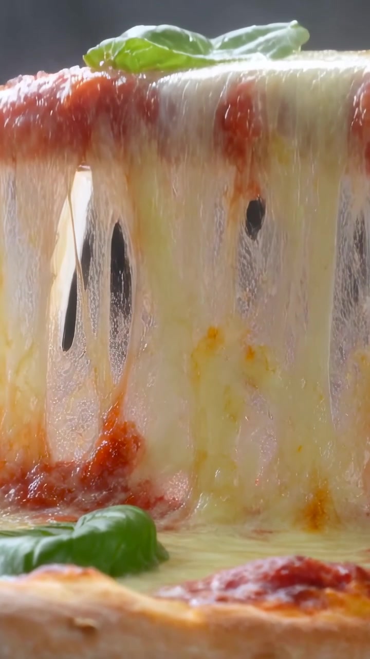 Video verticale: Tirando una fetta di pizza che allunga il formaggio fuso in cucina, mostrando basilico e salsa.