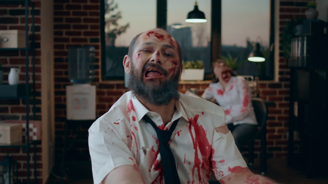 Mindless brain-eating zombie working on laptop while smirking creepy at camera