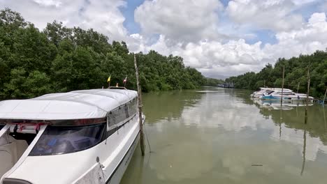 a stationary speedboat is docked at a calm mangrove river pier under bright daylight, with the camera slowly panning to reveal more of the lush riverside and additional boats
