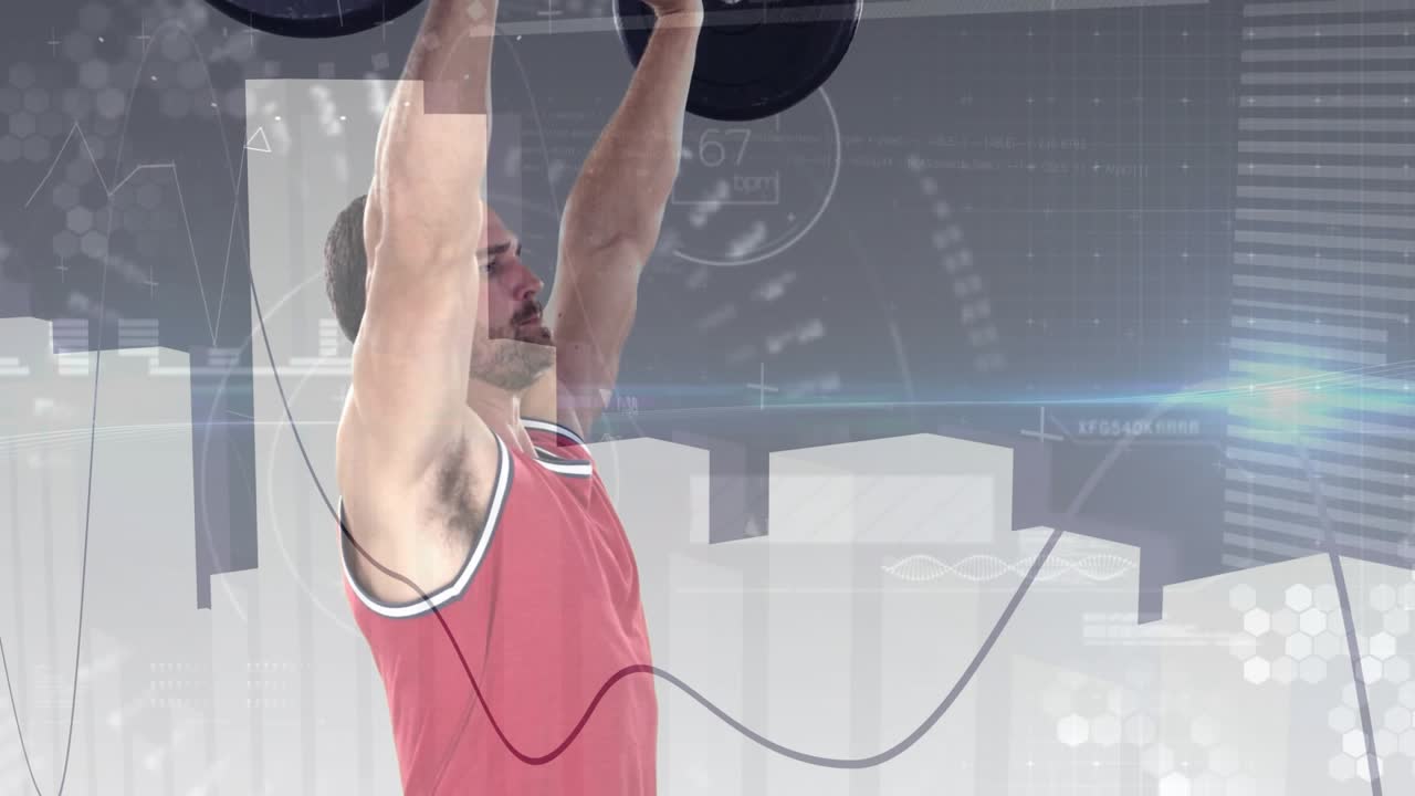 Male athlete initiating pressing motion from rack to lockout for strength, HUD tracking fitness