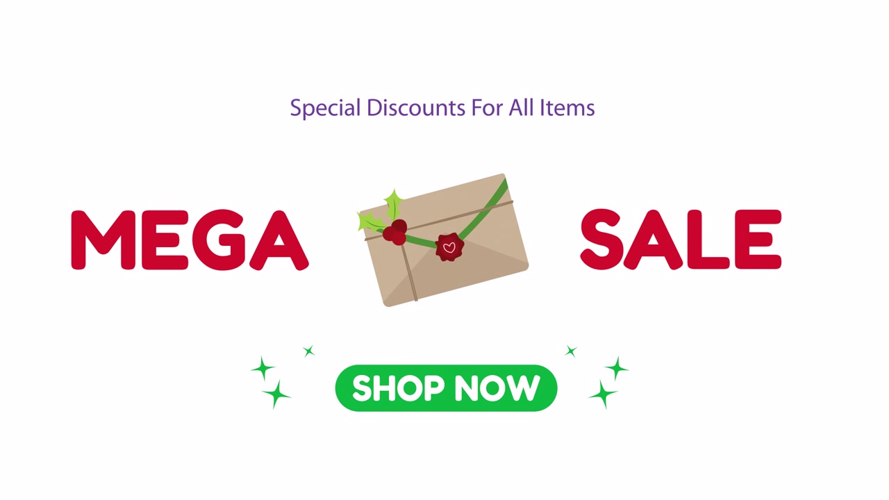 Grafis Promosi Mega Diskon Animasi dengan Amplop Natal