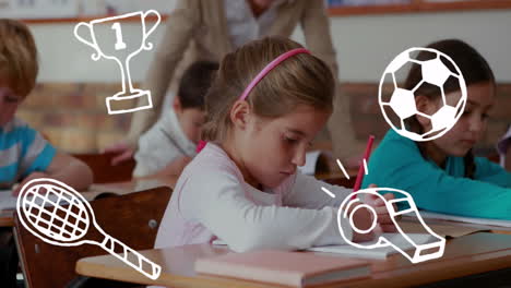 animation of school items icons over diverse schoolchildren in classroom