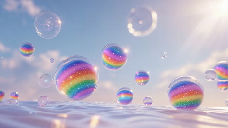 vibrant rainbow orbs floating under a sunny sky