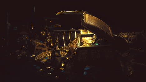 treasure chest filled with gold and jewels in a dark mysterious setting