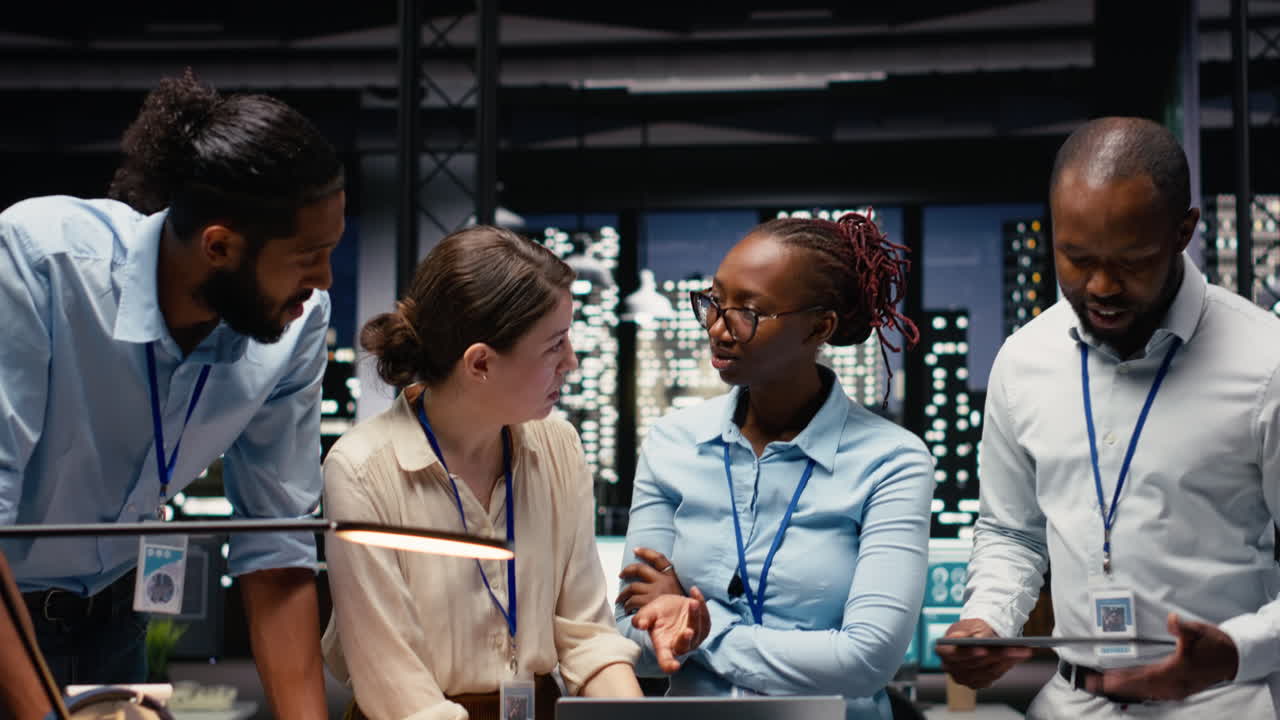 Group of professionals collaborating late on project management tasks