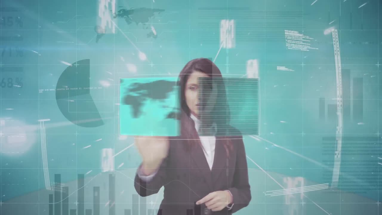 animación de una mujer de negocios utilizando una interfaz de pantalla táctil con gráficos y datos de procesamiento