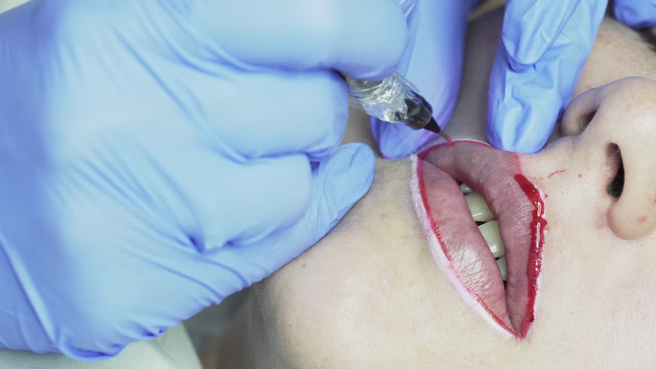 Applying red permanent makeup on female lips in a beauty salon