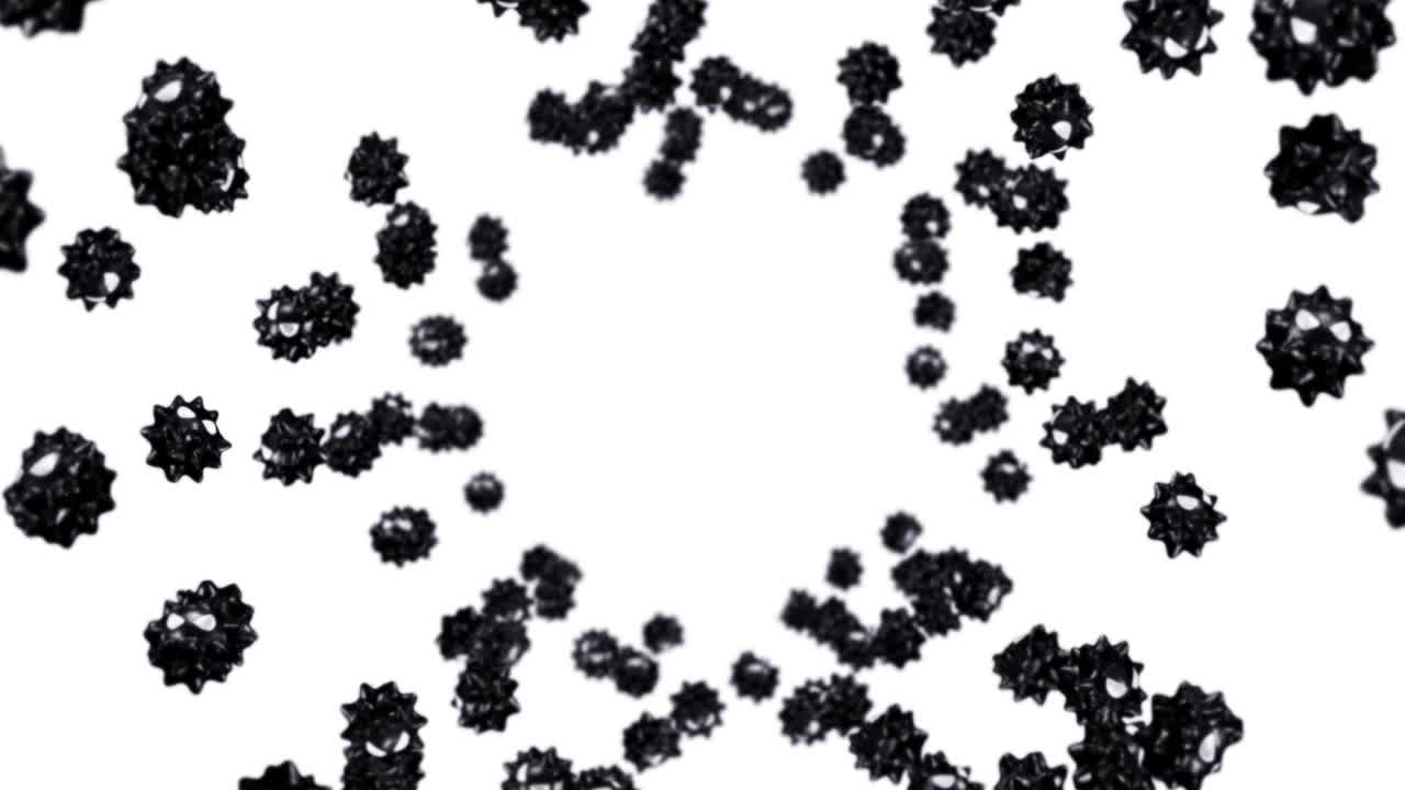 Molti virus volanti in stile cartone animato su sfondo bianco. Concetto medico. Mascotte divertente di un virus nero con espressione arrabbiata. Animazione 3D in loop