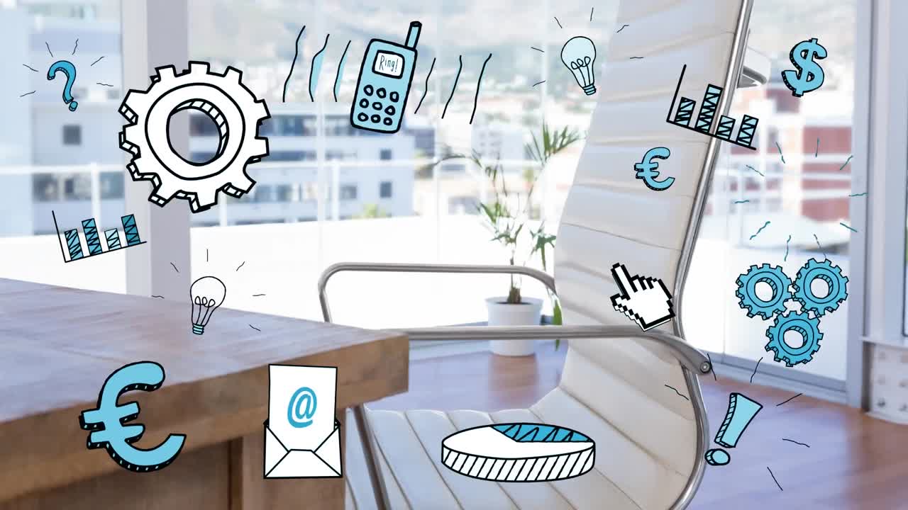 Animation of multiple digital icons against desk at office